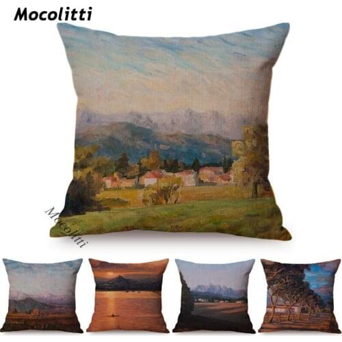 Landscape Art Decoration Cushion Cover Rural Sunset Scenery Oil Painting Pattern Cotton Linen Sofa Throw Pillow Case almofadas