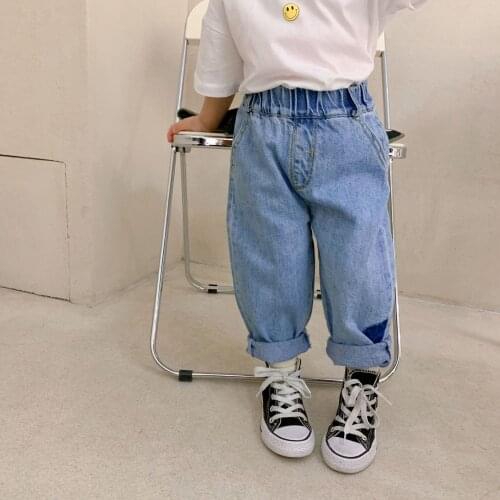 Kids Jeans 2021 Spring New Baby Girls Boys Fashion Patch Denim Pants Korean Letter High Quality Jeans for Children Baby Jeans