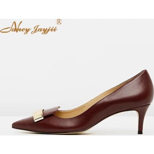 Burgundy Kitten Heels Metal Decoretion Pumps Woman Pointed Toe Slip-On Office Shoes For Ladies Classic 2020 Size 16 NANCYJAYJII