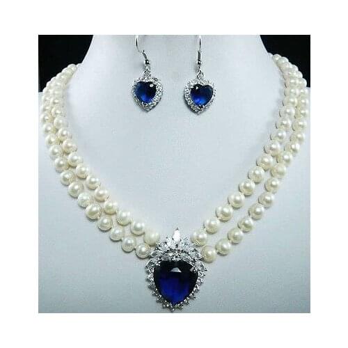 Factory price wholesal Jewelry 7-8mm Natural White Pearl Blue Crystal Pendant Necklace + Earrings Set
