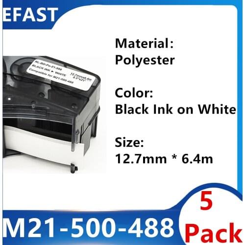 5Pack M21 500 488 Polyester Label Ribbon Black On White For BMP21 PLUS Printer 12.7mm * 6.4m