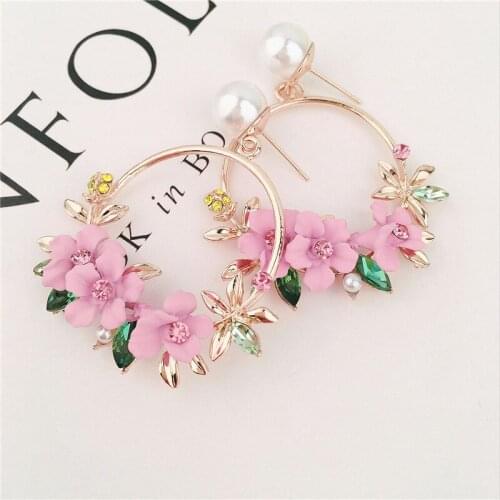 Trendy Cute Pink Flower Earrings For Women Girls Jewelry Female Rhinestone Gold Metal Round Circle Drop Gifts Brincos