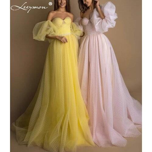 Leeymon 2020 New Candy Color Yellow Polka Dots Prom Dress Long Puff Sleeves Beaded Belt Custom Made Prom Gown