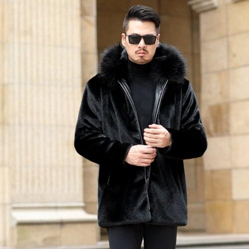 Haining autumn and winter new mens fur integrated long leisure mens fur hooded mink coat faux leather men winter jacket