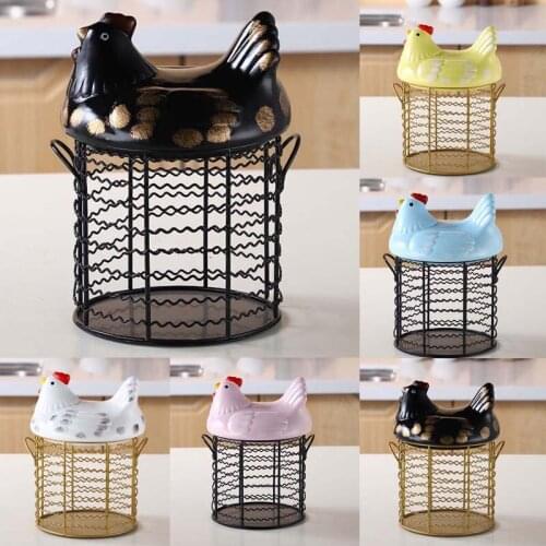 Painted Ceramic Hen Chicken Egg Basket Black Gold Cylinder Wire Container Creative Home Kitchen Storage Fruist Box Decoration