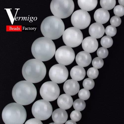 Wholesale Natural Stone Beads White Cat Eye Smooth Round Loose Beads For Jewelry Making 4 6 8 10 12mm Pick Size Diy Bracelet 15"