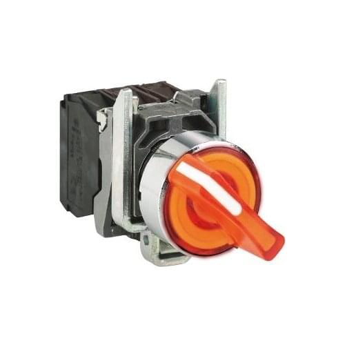 XB4BK125M5 = ZB4BW0M55 + ZB4BK1253 Illuminated selector switch, metal, orange, Ø22, 2 positions, stay put, 230...240 V AC, 1 NO