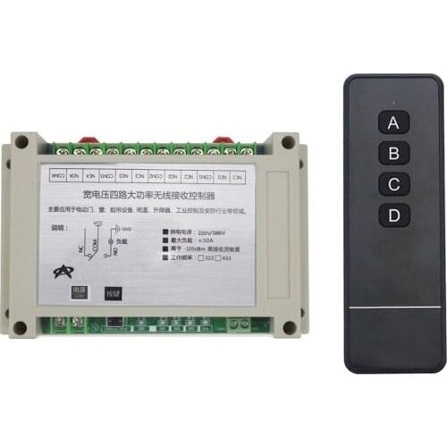 AC220V 380V 4CH 30A Smart home relay RF Wireless Remote Control System Motor / electric door Learning code receiver Wide voltage