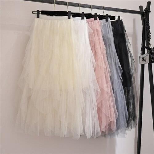Mesh Long Irregular Skirt For Women 2021 New Spring Long Fairy Skirt Women Black Pleated A-line Skirt