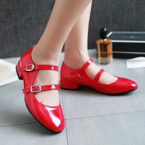 Womens Buckle Strappy Mary Jane Pumps Patent Leather Chunky Heel Shoes Black Red Sliver Plus Size US4-11 New 2022