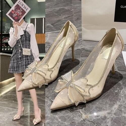 Pumps Womens Shoes Ladies Pointed Toe Fashion Thin Heels Pumps Fashion Butterfly-Knot Crystal High Heel Shoes Woman Felmale