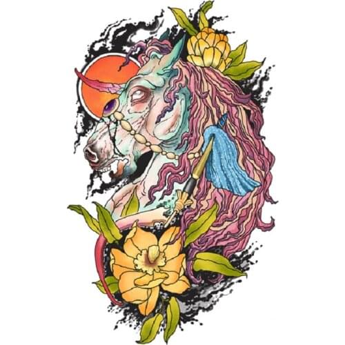 255MM×155MM Unicorn Dark Color Flower Arm Waterproof Long-lasting Male and Female Thigh Girl Personality Big Tattoo Sticker