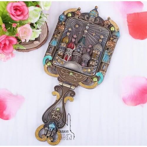 High-grade metal European style vanity mirror folding portable small mirror retro lovely Castle handle desk mirror