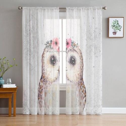 Owl Watercolor Animal With Flowers Window Curtains Bedroom Modern Drape Sheer Tulle Valances Living Room Kitchen Voile Curtain