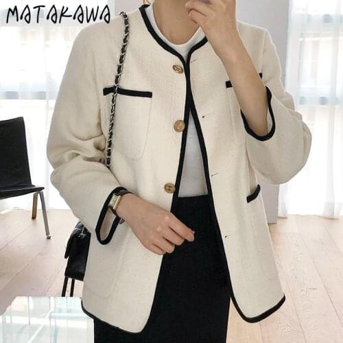 MATAKAWA Retro Round Neck Jackets for Women Single-breasted Loose Multi-pocket Woman Jacket Edging Contrast Color Coat Women