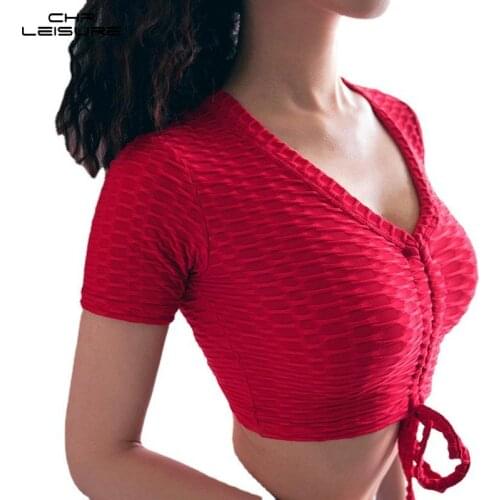 CHRLEISURE T Shirts Women Shirts for Summer Jacquard Bubble Drawstring Short Sleeve Tops Woman Summer