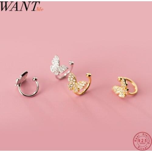 WANTME New Arrival Fashion Pave CZ Butterfly Clip Earrings for Women Real 925 Sterling Silver Party Wedding Jewelry Clip Cuff