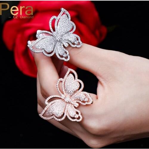 Pera Luxury Prom Party AAA+ Mirco Pave Cubic Zirconia Rings Jewelry Accessories Big Butterfly Shape Finger Ring For Women R078