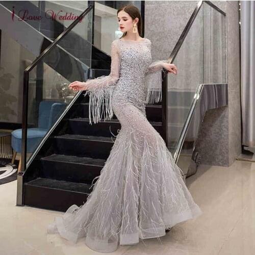 Luxury New Fashion Mermaid Beading Evening Dresses for Women Wedding Feathers Sequins Pearls Illusion Formal Party Gowns 2021