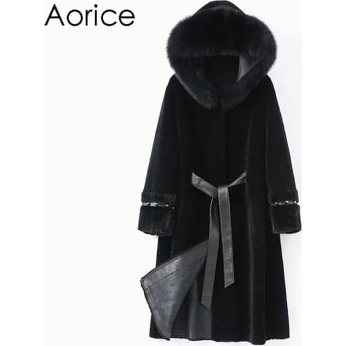 Aorice Winter Women Wool Fur Coat Trench Sheep Shearing Jacke Fox Collar MInk Cuff Coats Lady Female Warm Jackets Parka H2105