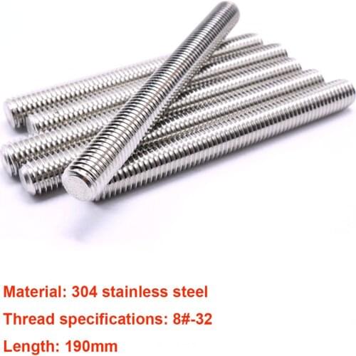 5pcs/lot 8#-32 Thread 304 Stainless Steel Threaded Rod Full Thread Stud Bar Length 190mm