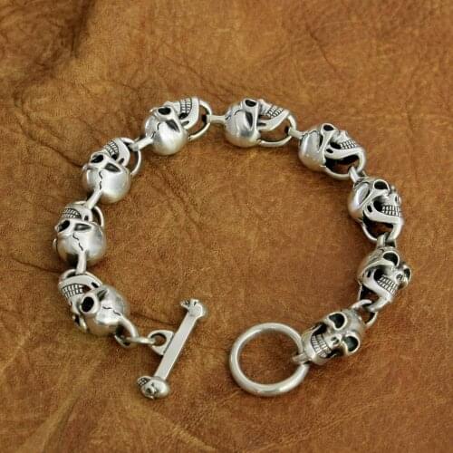 925 Sterling Silver Details Skulls Chain Mens Biker Rock Punk Bracelet TA264