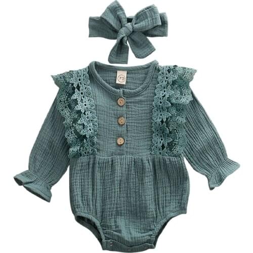 Cute Baby Infant Kids Girls Infant Bodysuits Long Sleeve Jumpsuit Bodysuit+Headband 2pcs Clothes Outfits 6-24Months