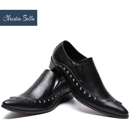 Christia Bella Italy Stylish Genuine Leather Men Formal Dress Shoes Punk Style Spikes Fashion Summer Party Dress Shoes Plus Size