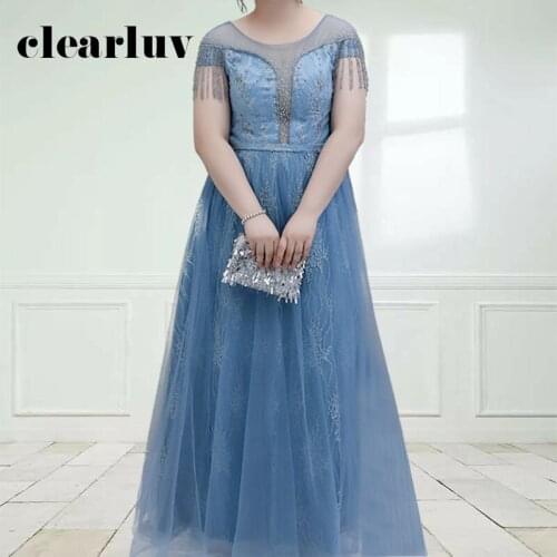 Beading Elegant Evening Dress DR1029 O-Neck Tassel Vestidos De Fiesta A-Line Long Party Gowns Plus Size Lace Up Formal Dresses