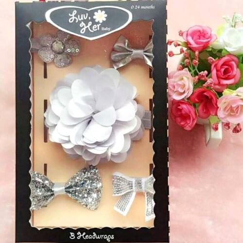 F196 Baby Girls Gift Set Silver Series Flower Hairband Hair Accessories Gift Set Newborns Fine Hair Set