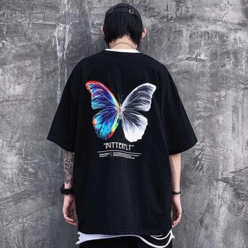 Oversize Black T Shirt Men Print Color Butterfly Tshirts Streetwear Harajuku Short Sleeve Cotton Loose T-shirts For Women CS583