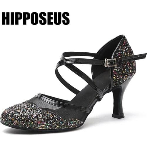 Hipposeus Girls Dance-Shoes Women Ballroom Latin Salsa Thin Heel Dance Shoes Females Modern Tango Party Soft Sole Dancing Shoes
