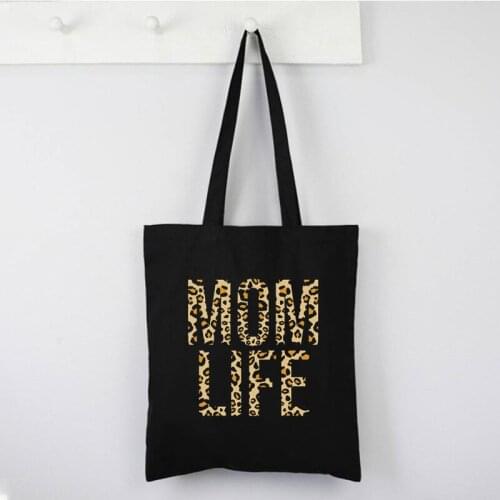 Mama Shopping Canvas Black Bag Mom Life Print Tote Bags Mother Bag Reusable Eco Cloth Bag Foldable Letter Large Capacity