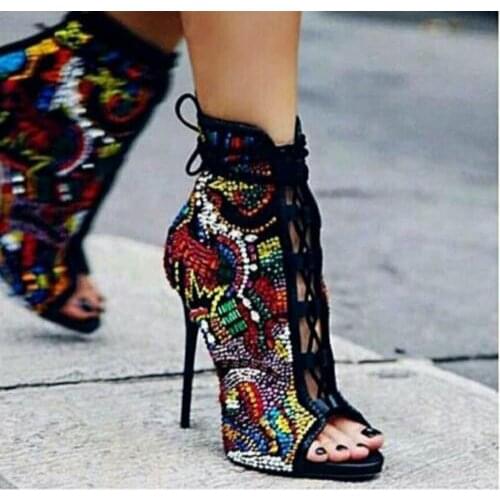 Hot Selling Colorful Crystal Embellished High Heel Boots Sexy Open Toe Lace-up Ankle Boots For Woman 2017 Rhinestones Boots