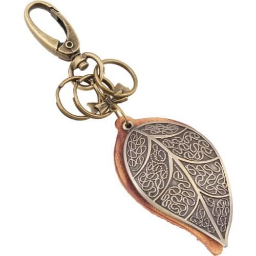 Punk Fashion Vintage Leaf Keychains Genuine Leather Holder Alloy Bronze Pendants Keyring for Bag Car Key Chain Men Women Jewelry