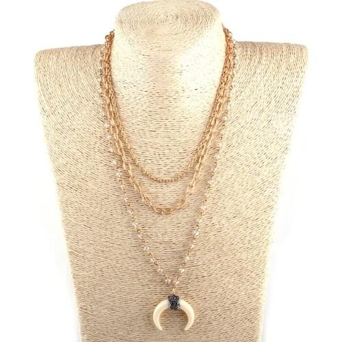 MOODPC Fashion Bohemian Tribal Jewelry 3 Layer Multiple Crystal Rosary Link & Chain Ox Horn Moon Pendant Necklaces