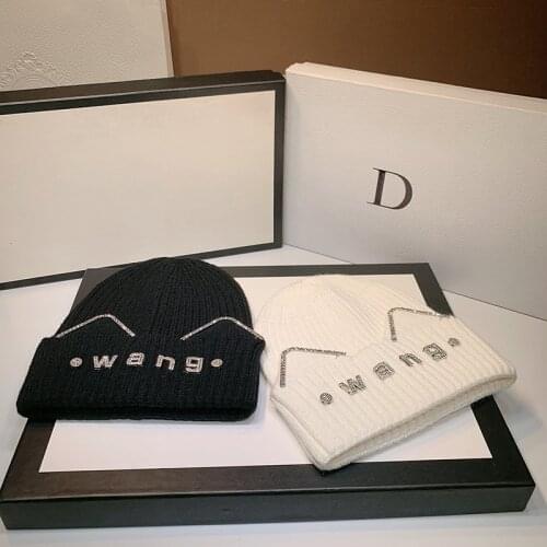 Beanies for Women Cotton Kintted Winter Hats for Ladies with Stones Letters Beanien Ears for Man Elastic Oversize Skullies Black