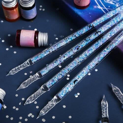 13PCS Twelve Constellations Crystal Glass Pen 12 Colors Ink Set Dip Pen Fountain Pens Set School Stationery Supplies Gift Box