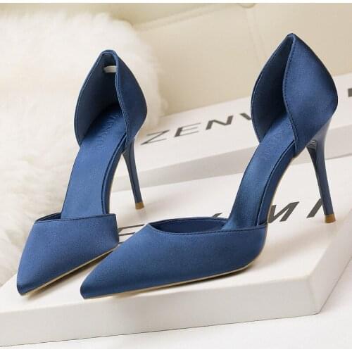 RUIDENG women high heel pumps party sexy wedding fashion shoes slip on thin heels 9cm pointed toe black blue pink office lady
