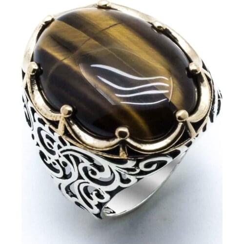 Tiger Eye Stone King Crowned Silver Ring