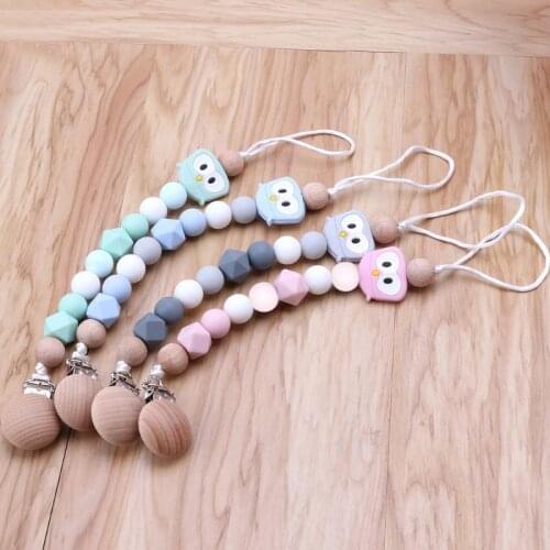 Owl Silicone Teething Pacifier Clips With Safe Wooden Beads Pacifier Chain Holder For Nipples Baby Chew Toys Q1FE