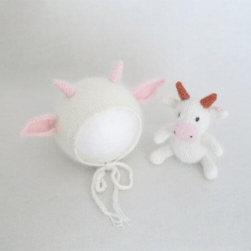 Knitted Newborn Cow Cap Photography props Baby Boy Animal Angora Cow Hat Toy Set Infant Toddler Animal Bonnet Toy Photo Shoot