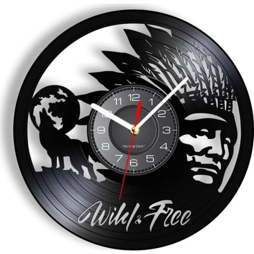 Wild Free Spirit Howling Wolf Vinyl Record Clock Watch Chief in Indian Headdress Tribal Home Decor Wall Clock Retro Timepieces
