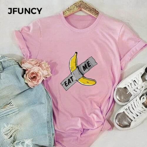 JFUNCY Spoof Banana Print T-shirt Short Sleeve Women T Shirt 100% Cotton T-shirts Women Summer Tee Shirts Plus Size Woman Tops