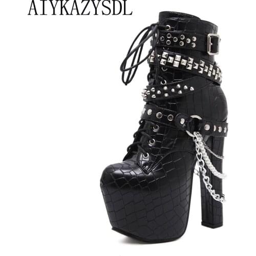 AIYKAZYSDL Women Ankle Boots Zip Metal Chains Rivet Shoes Punk Rock Gothic Biker Motorcycle Boots Ultra High Heel Fetish Shoes