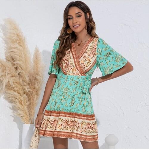 Women Cross V-Neck Sexy Floral Print Boho Dress Short Sleeve Summer Mini Sashes Dresses 2XL Large Size Office Lady Ruffle Dress