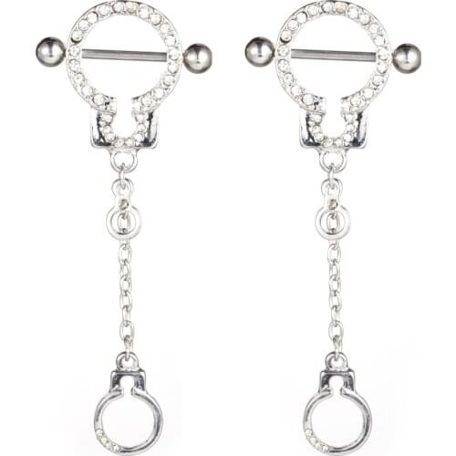 2PCS 14G 316L Surgical Steel Sexy Rhinestone Sexy Handcuffs Nipple Ring Barbells Steampunk Piercing Nipple Body Piercing Jewelry