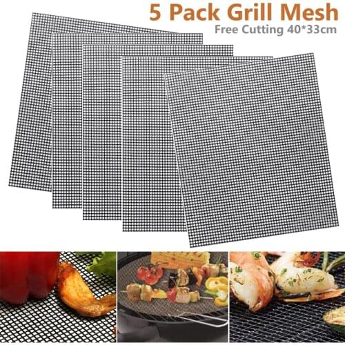 5Pcs BBQ Grill Mesh Reusable Barbecue Grilling Mat Non-stick Cooking Placemat Mesh Barbecue Grill Pads Kitchen BBQ Accessories
