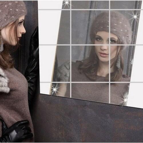 9PCS DIY Mirror Wall Sticker Self-adhesive PET Full Body Soft Mirror Bathroom Self-adhesive Paper 15*15cm Home Decoration