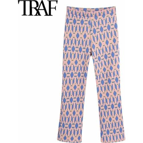 TRAF Women Fashion Jacquard Straight Knit Pants Vintage High Elastic Waist Female Ankle Trousers Mujer